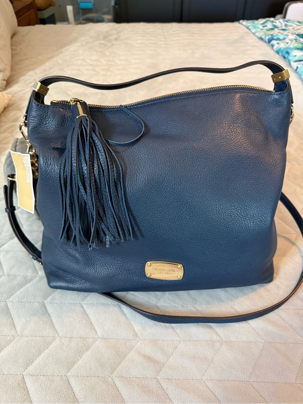 Michael Kors Navy Pebbled Leather Tassel Bedford Shoulder Bag NWT